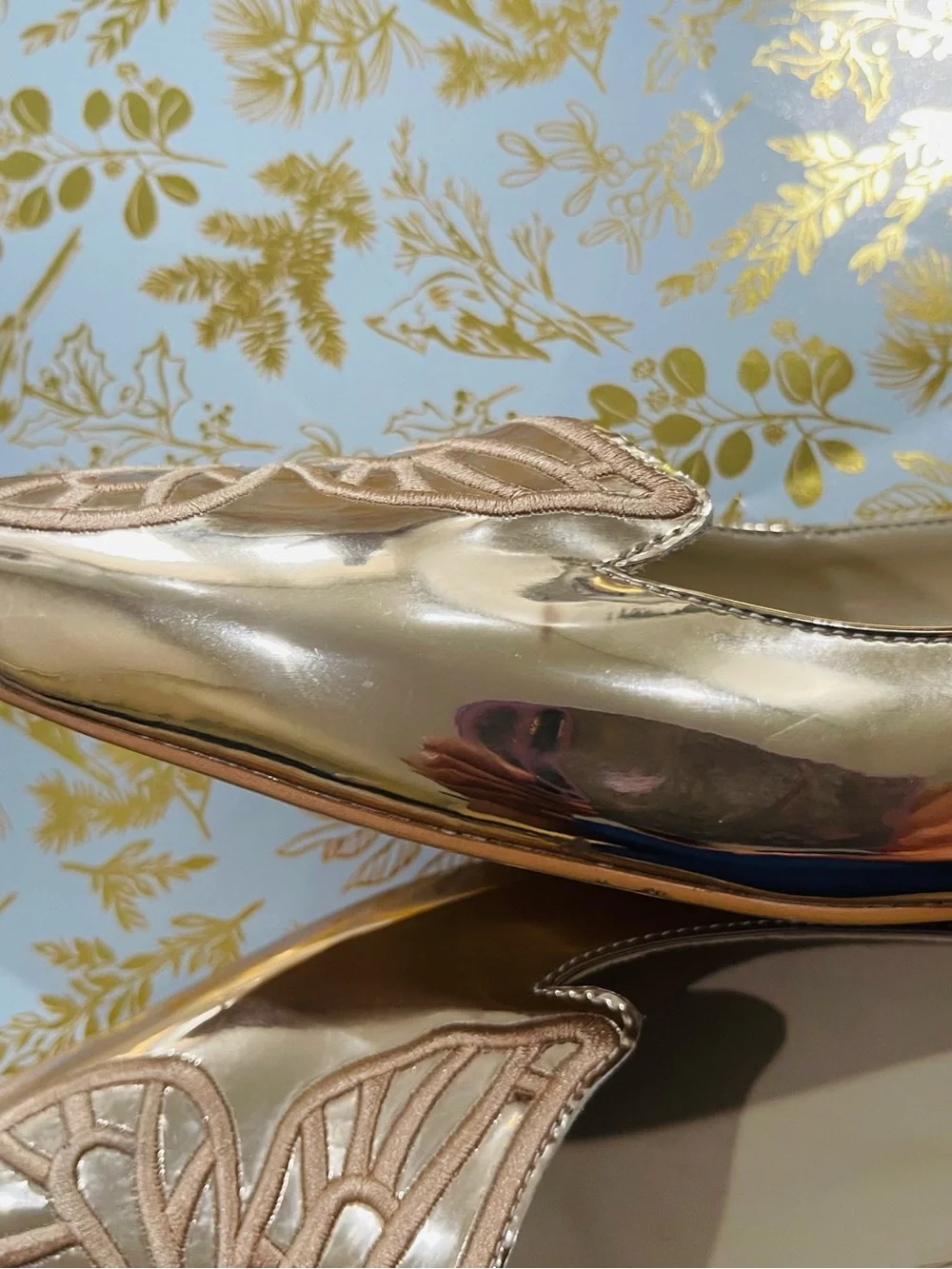 Sophia Webster Gold Metallic Pointed Toe Flats with Embroidered Wing Detail